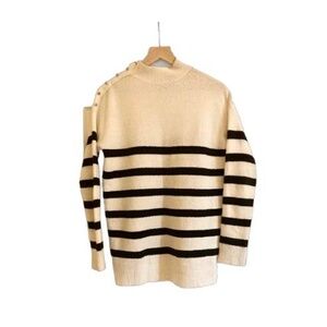 V by Very Stripe Mock Neck Sweater with Silver Buttons